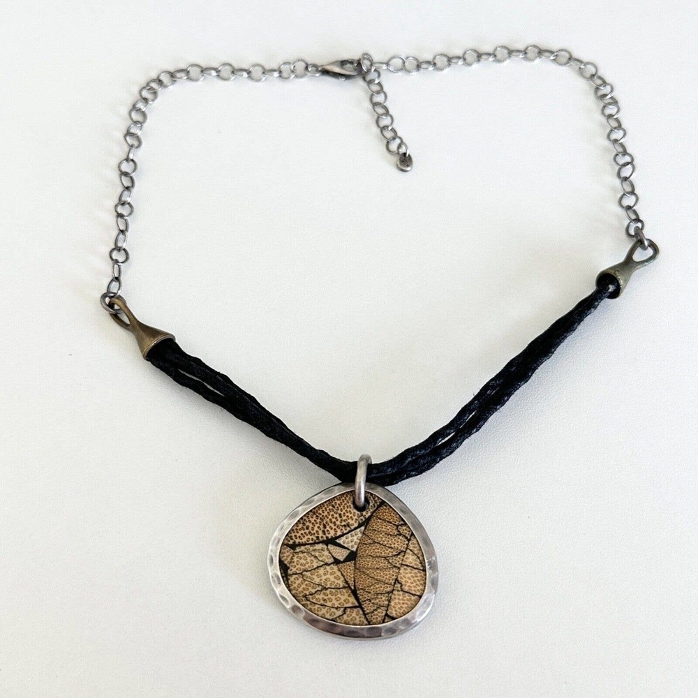 Silpada 925 Sterling Silver Black Leather Cord Bamboo Resin Pendant Necklace